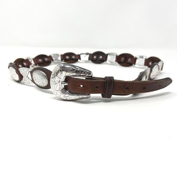 Tony Lama Accessories - Vinntage Tony Lama USA 5297LWestern Brown Leather Silver Concho Belt Size 34